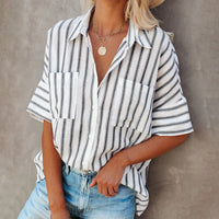 Women's Striped Lapel Short Sleeve Cardigan Single Breasted Casual Shirt