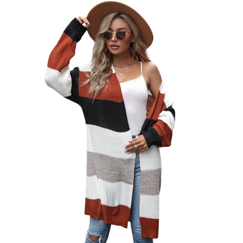 Women's Autumn And Winter Clothing Button-free Long Stitching Sweater Cardigan