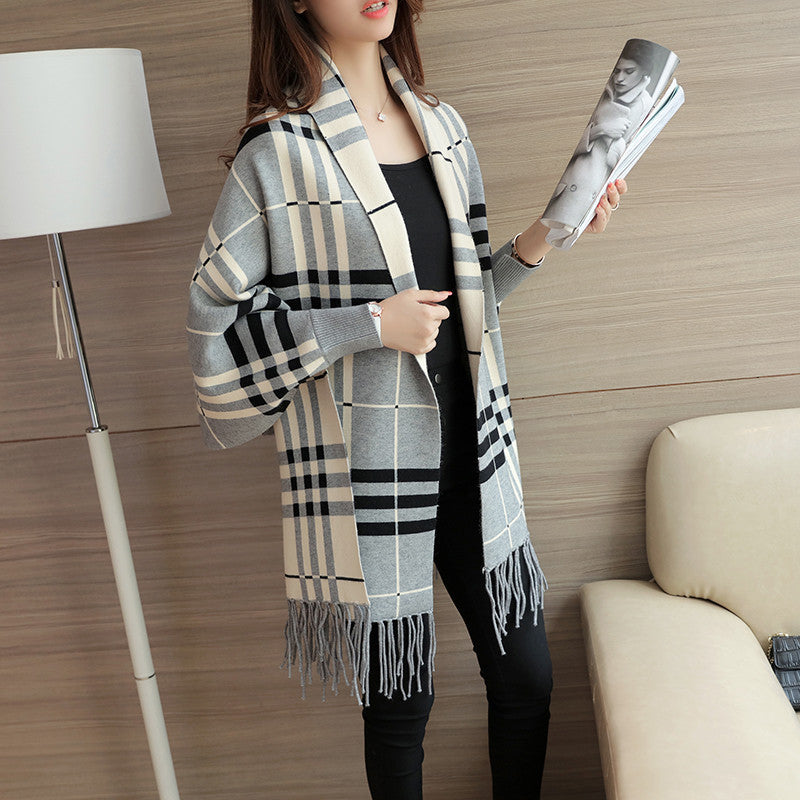 Women's Plaid Tassel Cape And Shawl Coat