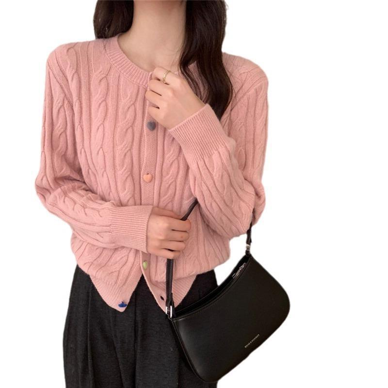 Gentle Color Heart Buckle Cable-knit Sweater Coat For Women