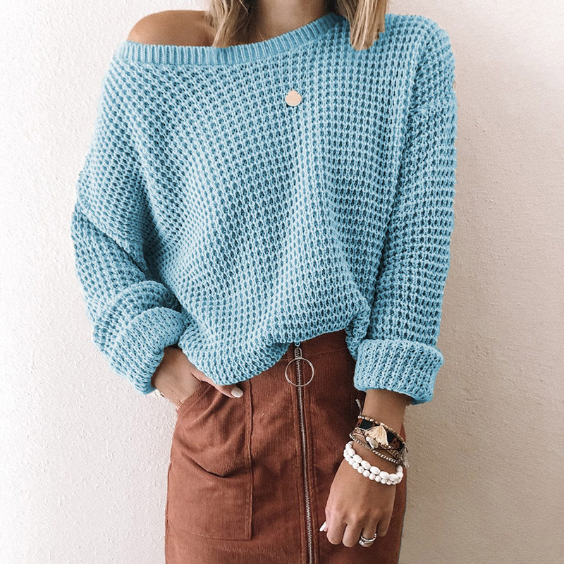 Solid Color Loose Diagonal Neck Long Sleeve Knit Top