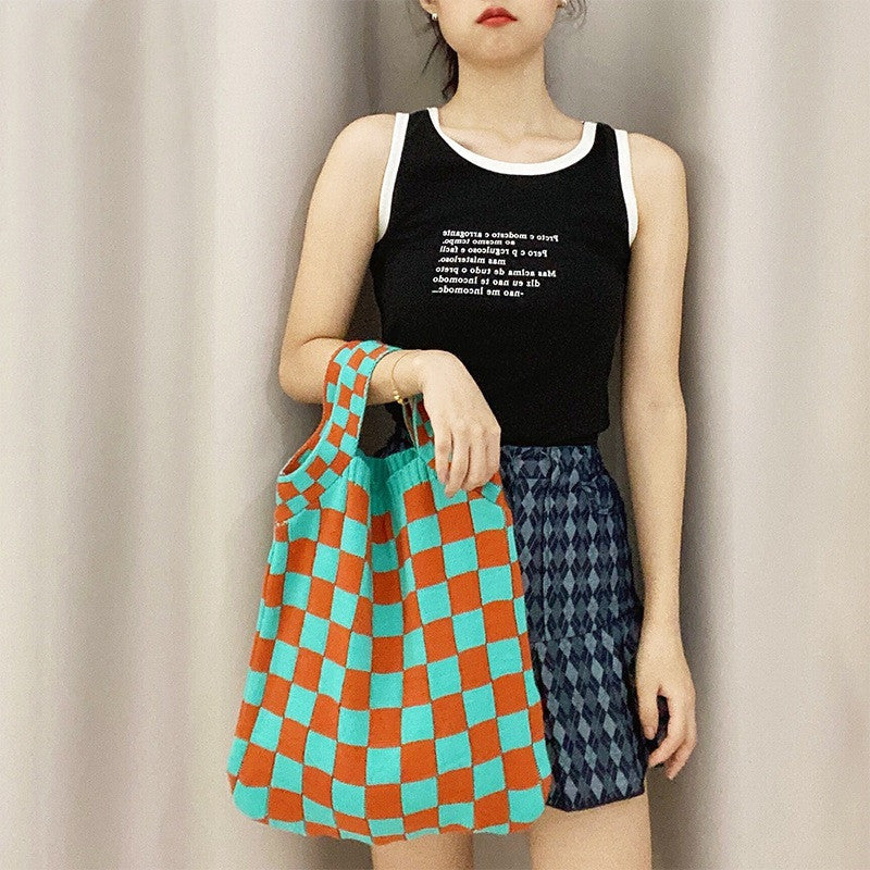 Women's Fashion Colorful Checkerboard Plaid Wool Handbag Shoulder Bag