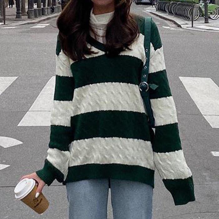 Trendy European And American Colorblock Striped Wool Top