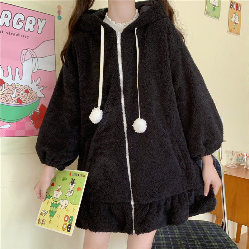 Cute rabbit ears hooded faux lamb wool