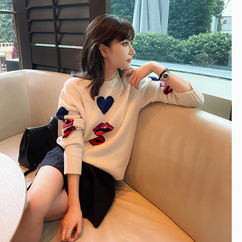 Heavy Handmade Jacquard Pattern Cashmere Round Neck Knitted Sweater For Women