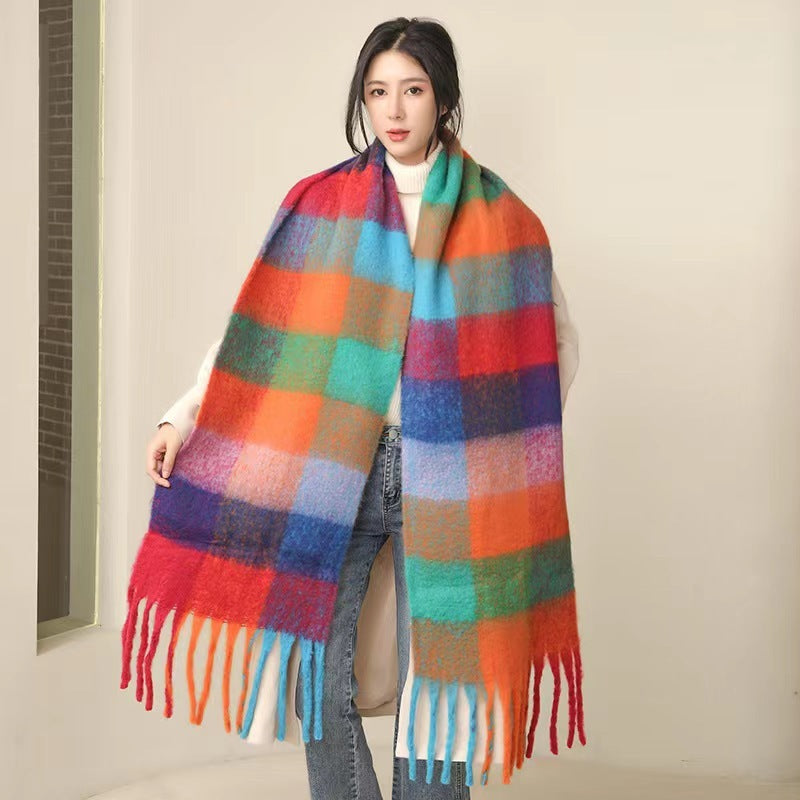 European And American Mohair Plush Warm Leisure Versatile Lattice Scarf