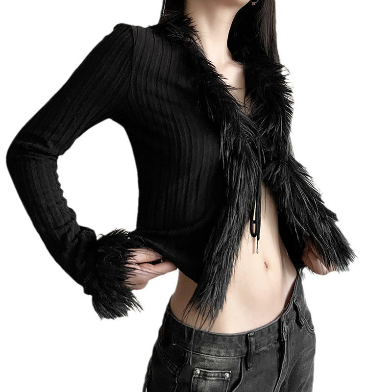 Women's Knitted Fashionable Plush Lace-up Cardigan Waist-tight Navel-exposed Woven Shirt