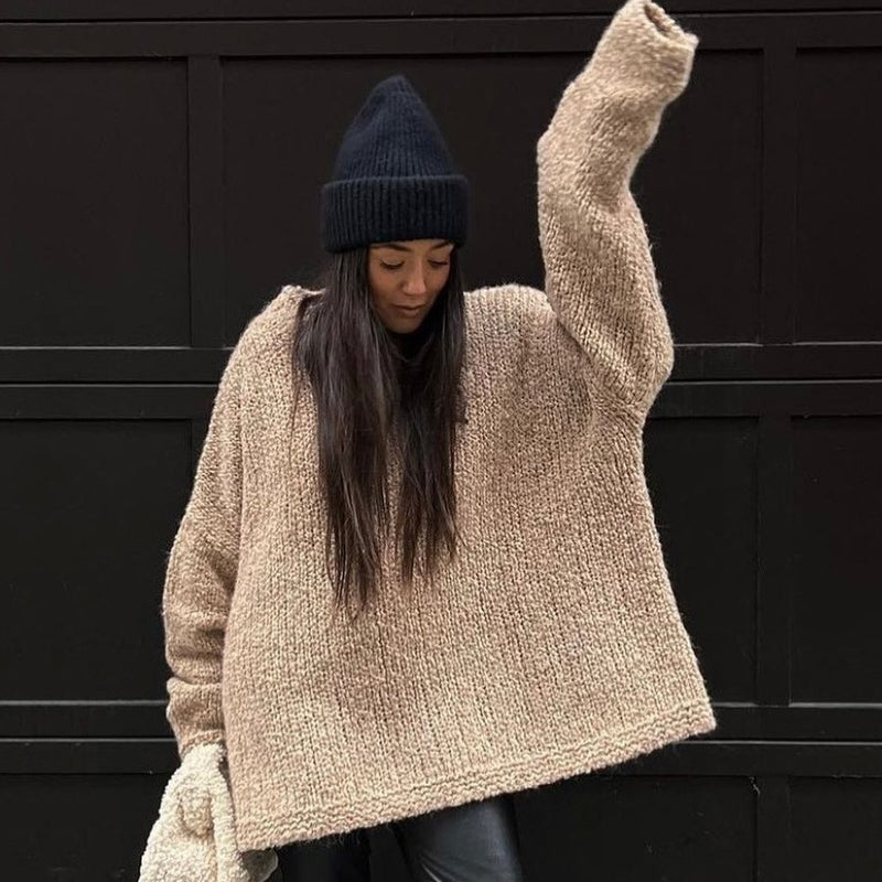 Simple Solid Color Thick Needle Round Neck Sweater Mid-length