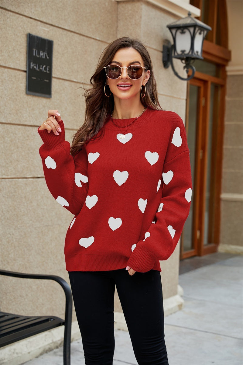 New Valentine's Day Heart Round Neck Plus Size Loose Women's Knit Sweater