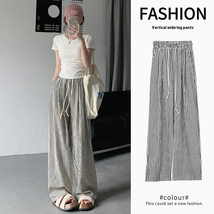 Two-tone Vertical Stripes Thin High Waist Casual Loose Wide Leg Pants