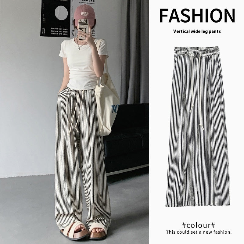 Two-tone Vertical Stripes Thin High Waist Casual Loose Wide Leg Pants