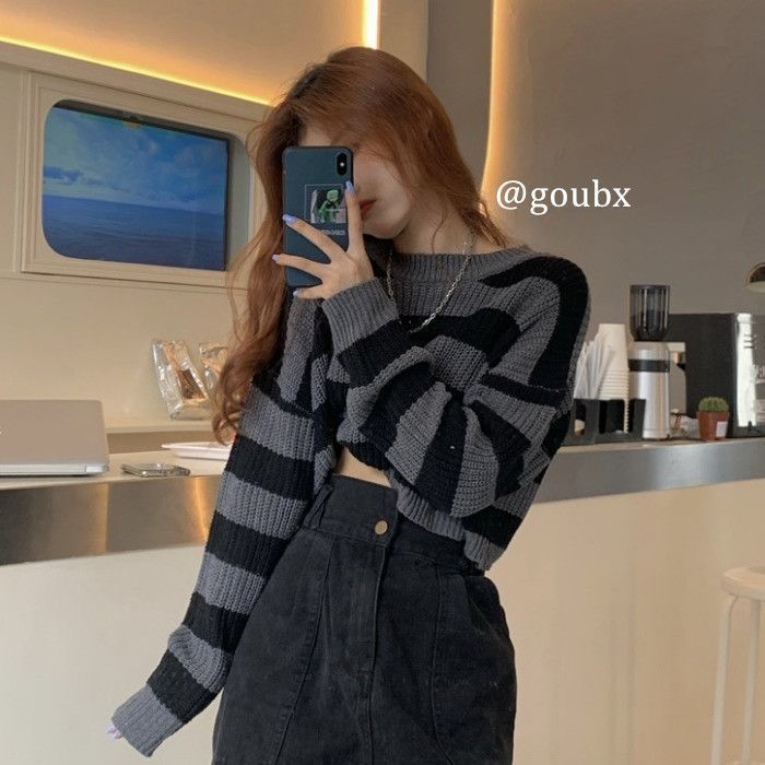 Short Top Women's Outer Wear Pullover Stripe Sweater