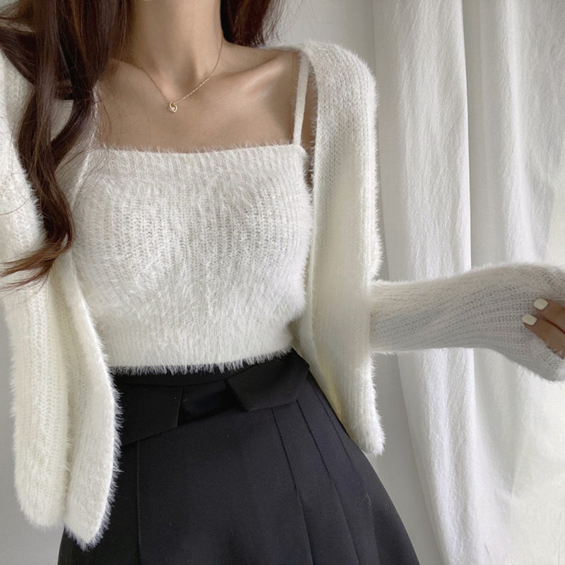 Spring  Mink Knitted Cardigan Coat  Bottoming Tube Top Vest Twopiece Set