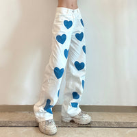 Women's Heart Print Contrast High Waist Denim Straight Pants