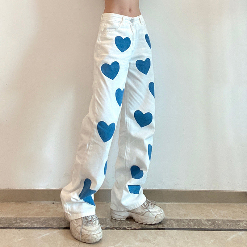 Women's Heart Print Contrast High Waist Denim Straight Pants