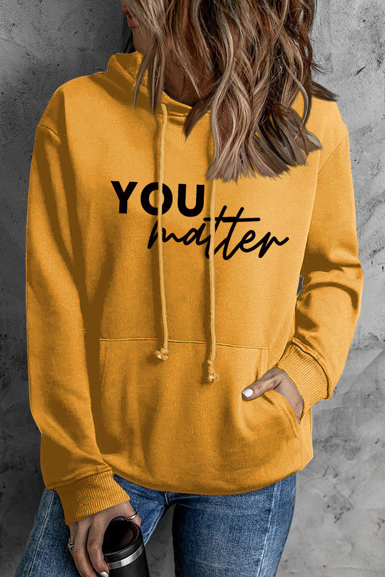 Front And Back Letters Women's Printed Wear Hooded Pocket Pullover Sports Long Sleeve