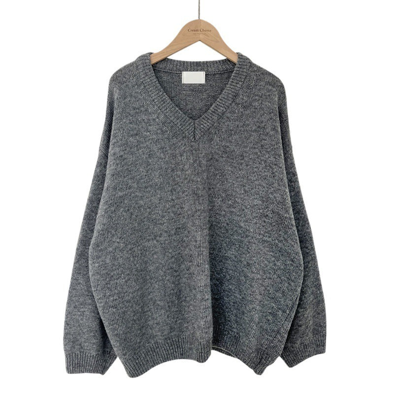 All-matching Solid Color V-neck Pullover Sweater Lazy