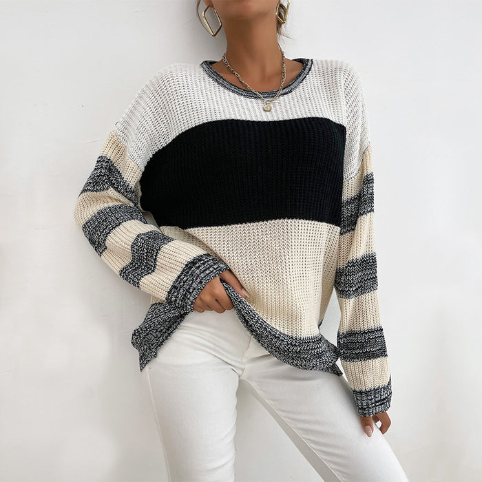 Women's Fashion Leisure Pullover Round Neck Contrast Color Sweater