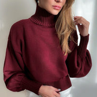 Solid Color Puff Sleeve Turtleneck Fashion Casual Sweater