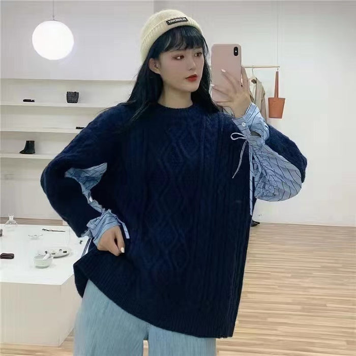 Women's Drawstring Striped Shirt Twist Sweater