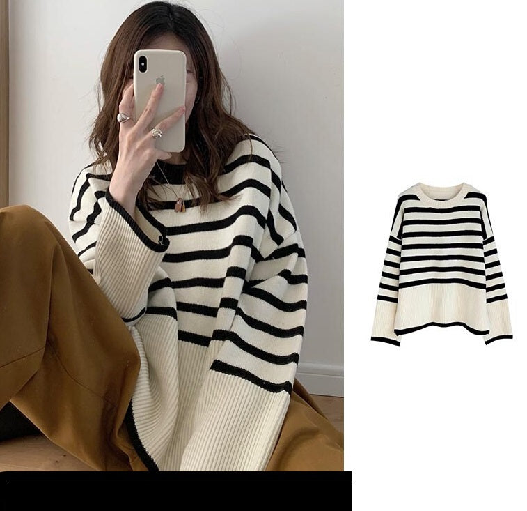 All-matching Youthful-looking Knitted French Lazy Style Striped Sweater