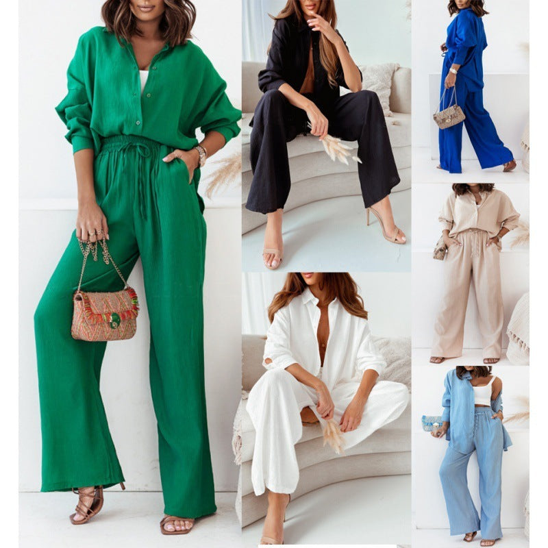 Loose Elastic Wrinkle Long-sleeved Shirt Wide-leg Pants Casual Suit