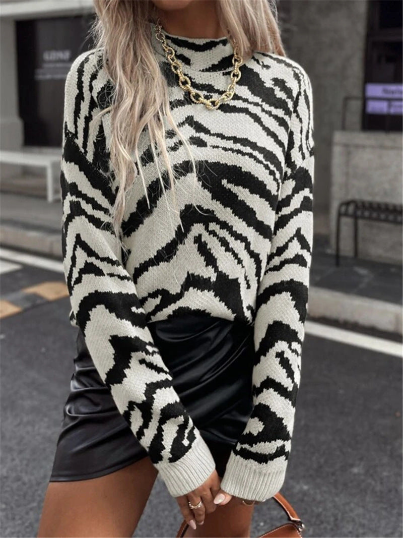 Autumn And Winter Loose Pullover Zebra Pattern Knitted Sweater