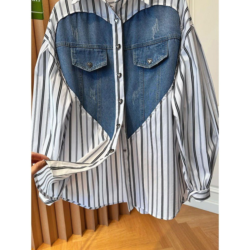 Design Sense Niche Loose Casual Love Denim Patchwork Stripes Shirt