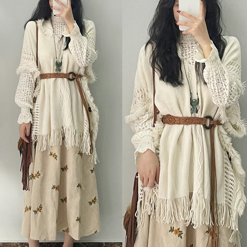 Fringed Sweater Shawl Sweater Women's Creamy-white Cloak