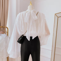 Lantern Sleeve Shirt Stand Collar Long Sleeve Peplum Top