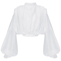 Lantern Sleeve Shirt Stand Collar Long Sleeve Peplum Top