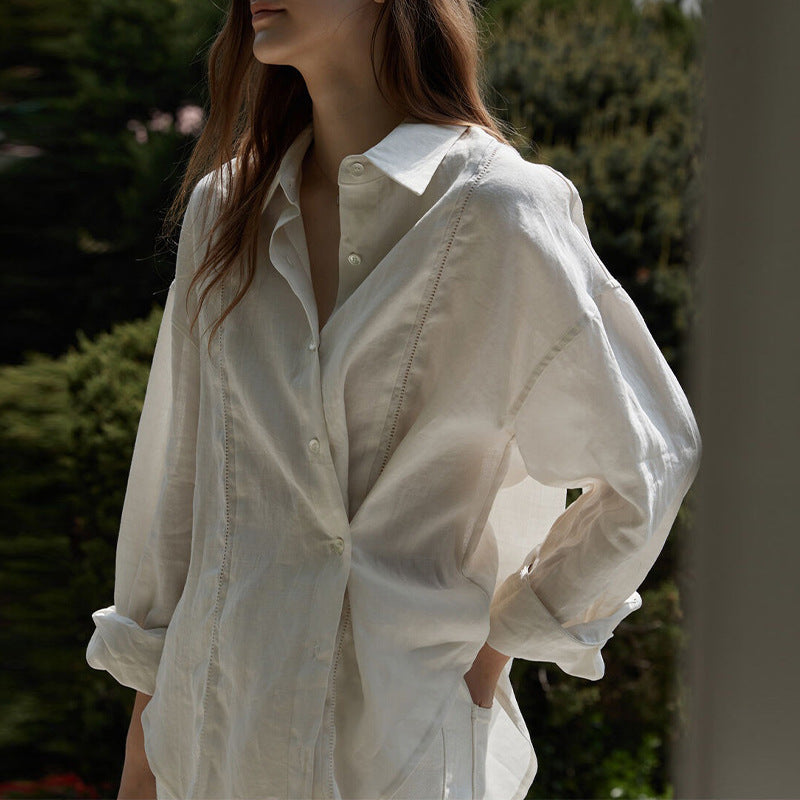 Linen Shirt French Hollow Embroidered Loose Long Sleeve Blouse