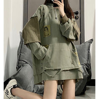 Women's American-style Retro High Street Make Old Ripped Hooded Sweater