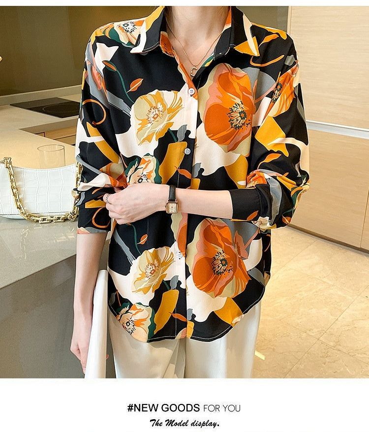 Spring Design Sense Retro French Temperament Printed Chiffon Long-sleeved Shirt For Women