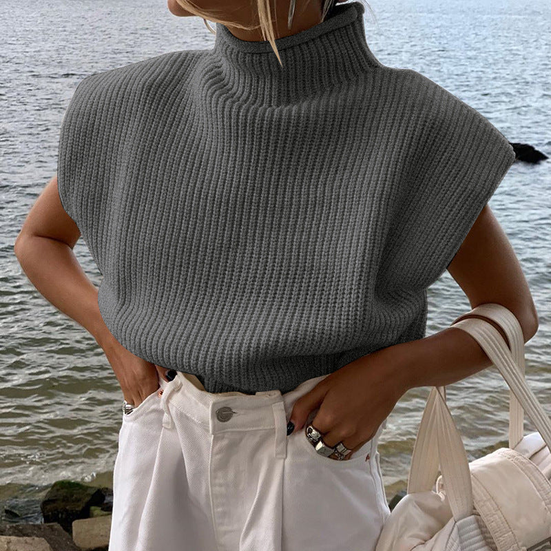 Women's Solid Color Turtleneck Sweater With Short Sleeves Top