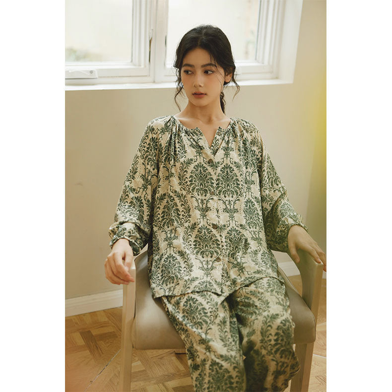 Rayon Satin Home Wear Sweet Mori Printed Long-sleeved Pajamas Suit