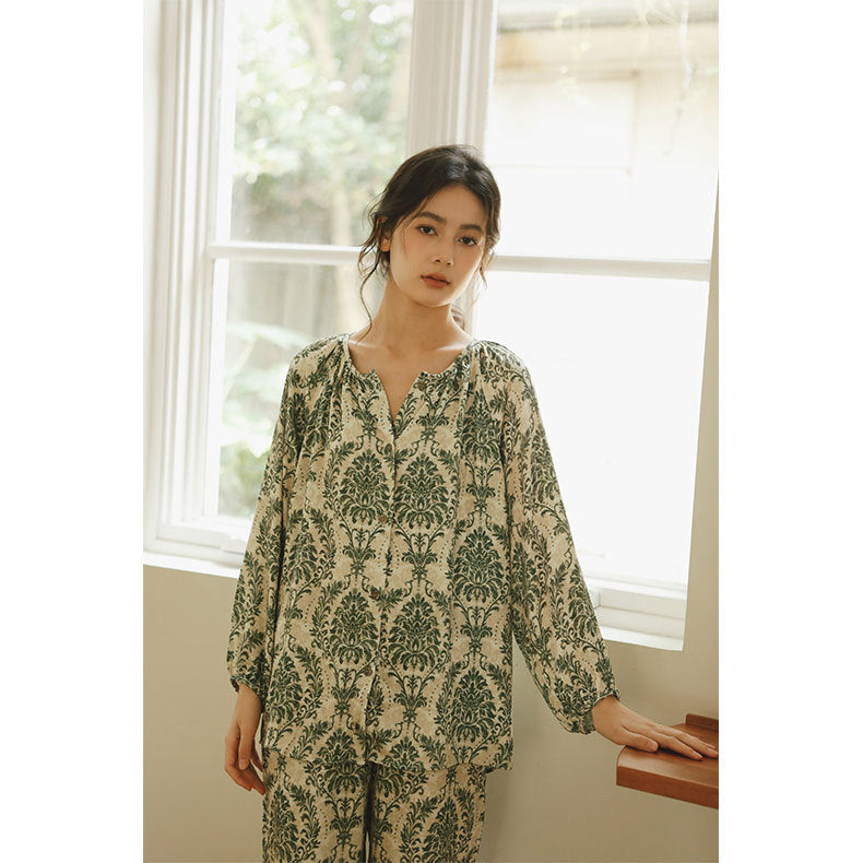 Rayon Satin Home Wear Sweet Mori Printed Long-sleeved Pajamas Suit