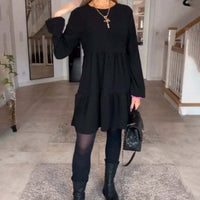 Round Neck Solid Color Stitching Long Sleeve Loose Dress Women