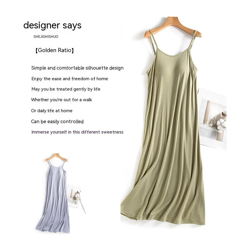 All-matching Cup With Bra Pad One-piece Casual Bottoming Nightdress For Below-the-knee Tank Tops