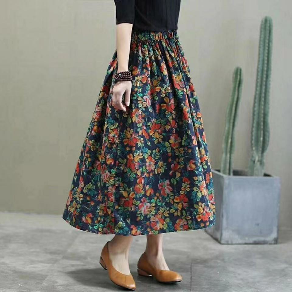 Floral SpringSummer New Mid-length High Waist Slimming A- Line Retro Elastic Midi Dress