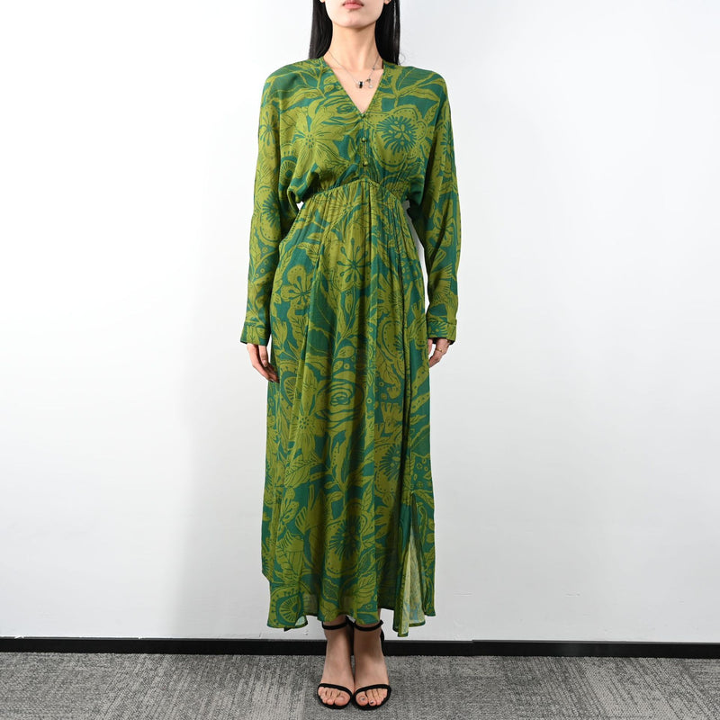 Pattern Printed V-neck Long Sleeve Long Dress Casual And Comfortable