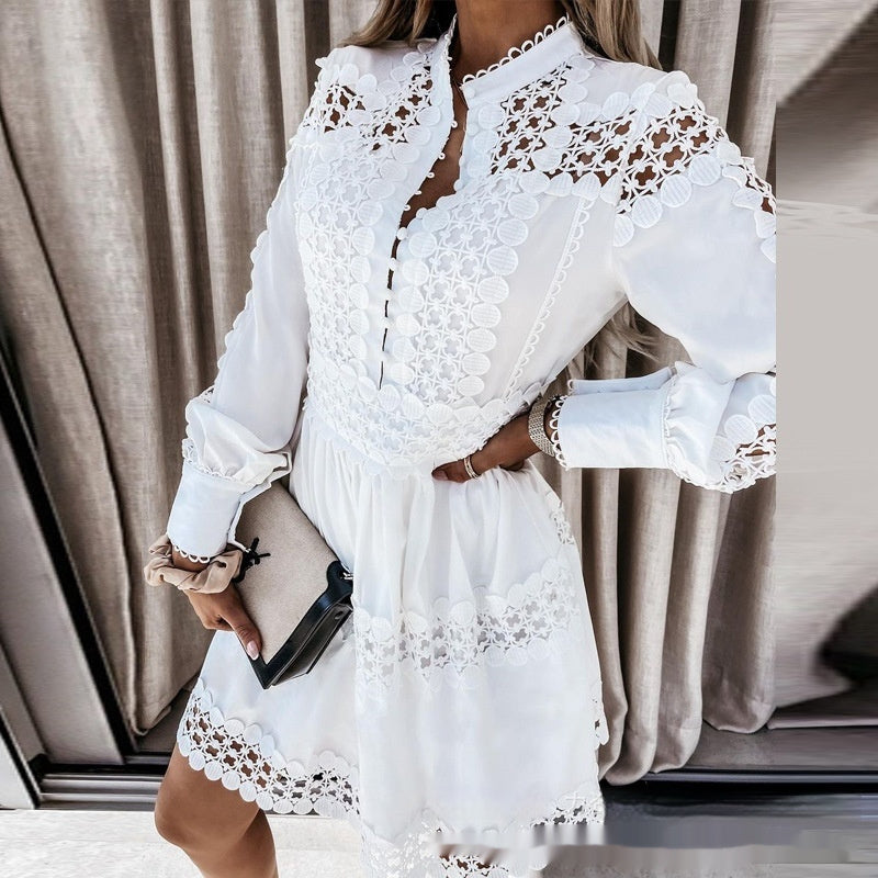 White Hollow-out Pattern Stitching Long Sleeve Shirt Skirt