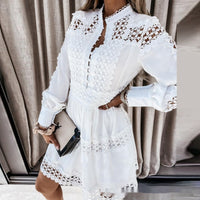 White Hollow-out Pattern Stitching Long Sleeve Shirt Skirt