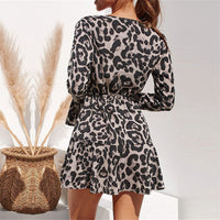 Leopard Print Waist-controlled Slimming Long Sleeve Lace-up Dress