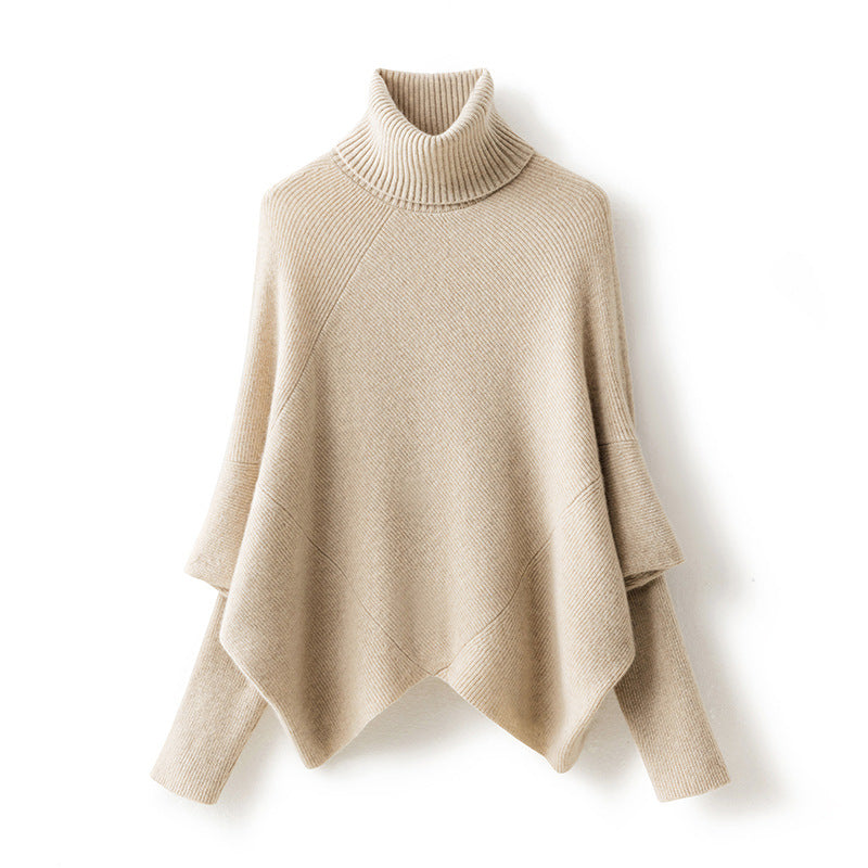 Fashionable Sleeve Knitted Cashmere Bat Turtleneck Pullover