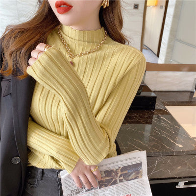 Hollow Striped Mock-neck Bottoming Shirt Women's Sweater