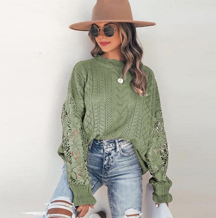 Loose Round Neck Cutout Floral Long-sleeved Sweater