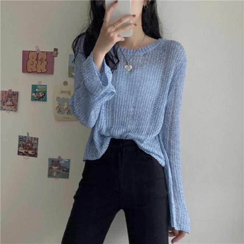 Women's Knitwear Autumn New Korean Style Ice Silk Hollow-out Knitted Blouse Outer Wear Thin Pullover Long Sleeve Sweater Fashion