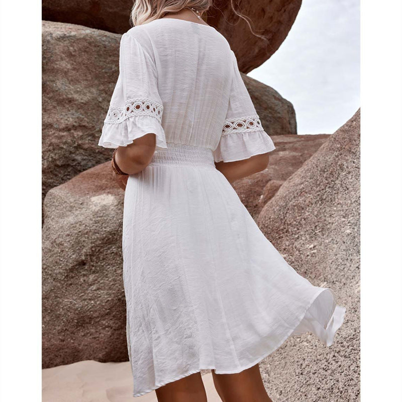 European And American V-neck Printed Lace Stitching Lace Bohemian Casual Vacation Style Dress