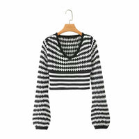 Thin Loose Lantern Sleeves Black And White Striped V-neck Short Soft Trendy Sweater